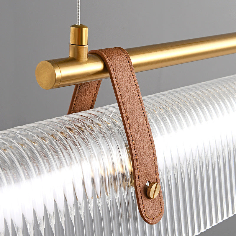 Contemporary Scandinavian Long Arched Cylinder Acrylic Leather Iron LED Island Light Chandelier For Living Room