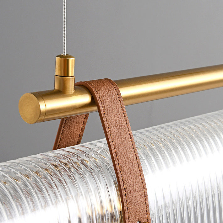 Contemporary Scandinavian Long Arched Cylinder Acrylic Leather Iron LED Island Light Chandelier For Living Room