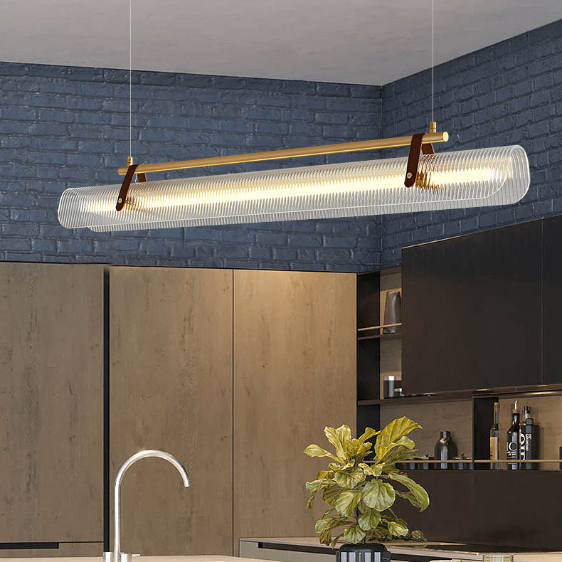 Contemporary Scandinavian Long Arched Cylinder Acrylic Leather Iron LED Island Light Chandelier For Living Room