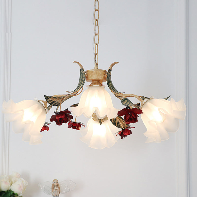 Traditional French Rose Flower Leaf Glass Iron 4/6/9 Light Chandelier For Living Room