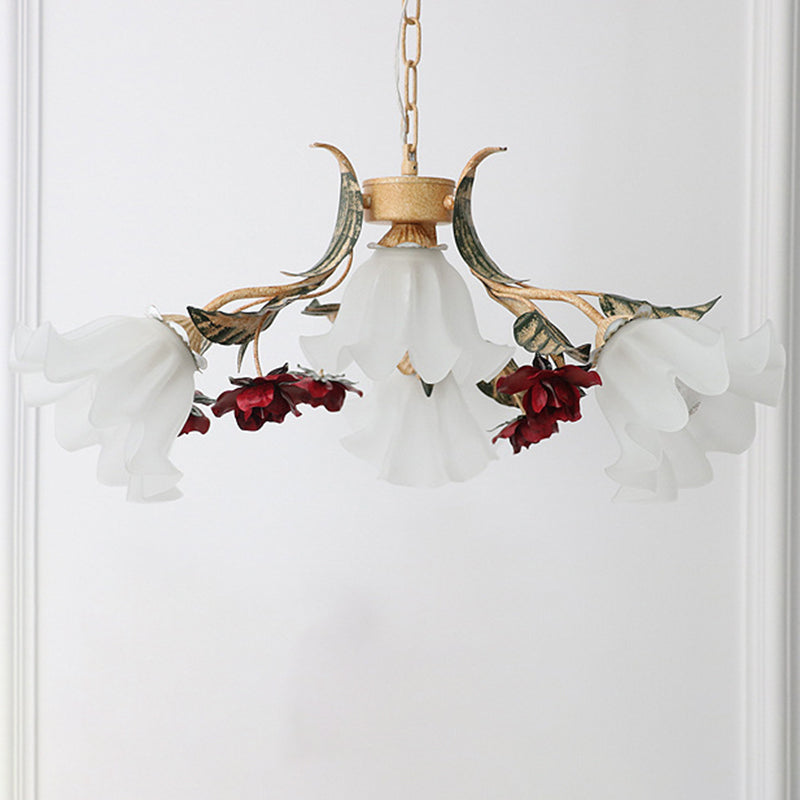Traditional French Rose Flower Leaf Glass Iron 4/6/9 Light Chandelier For Living Room