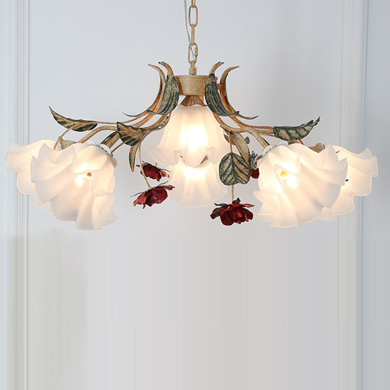 Traditional French Rose Flower Leaf Glass Iron 4/6/9 Light Chandelier For Living Room