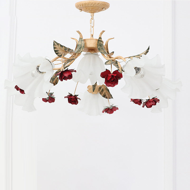 Traditional French Rose Flower Leaf Glass Iron 4/6/9 Light Chandelier For Living Room