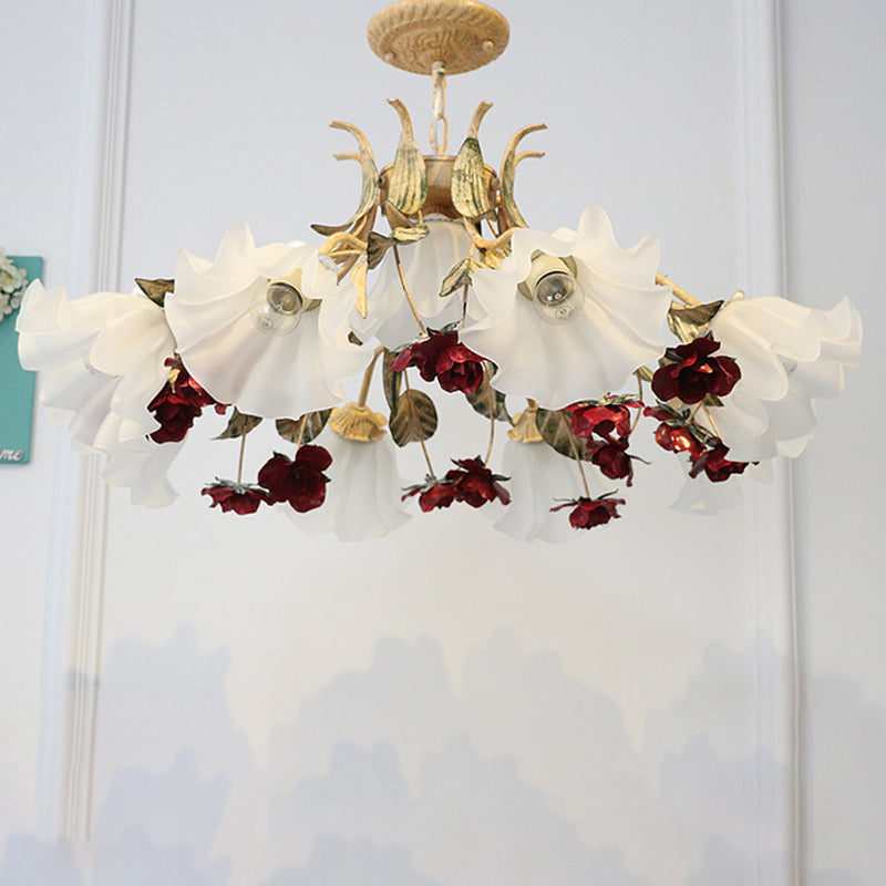 Traditional French Rose Flower Leaf Glass Iron 4/6/9 Light Chandelier For Living Room