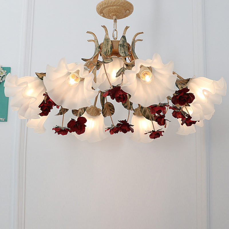 Traditional French Rose Flower Leaf Glass Iron 4/6/9 Light Chandelier For Living Room