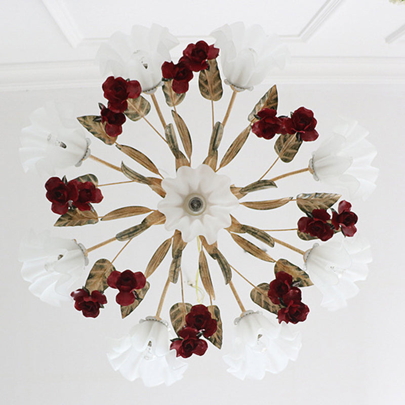 Traditional French Rose Flower Leaf Glass Iron 4/6/9 Light Chandelier For Living Room