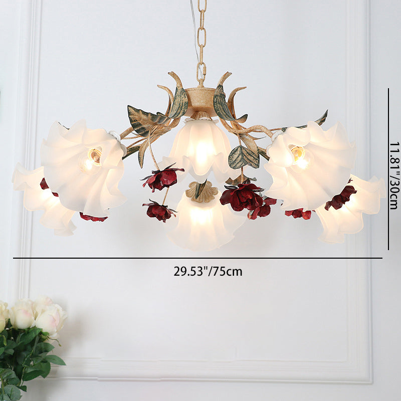 Traditional French Rose Flower Leaf Glass Iron 4/6/9 Light Chandelier For Living Room