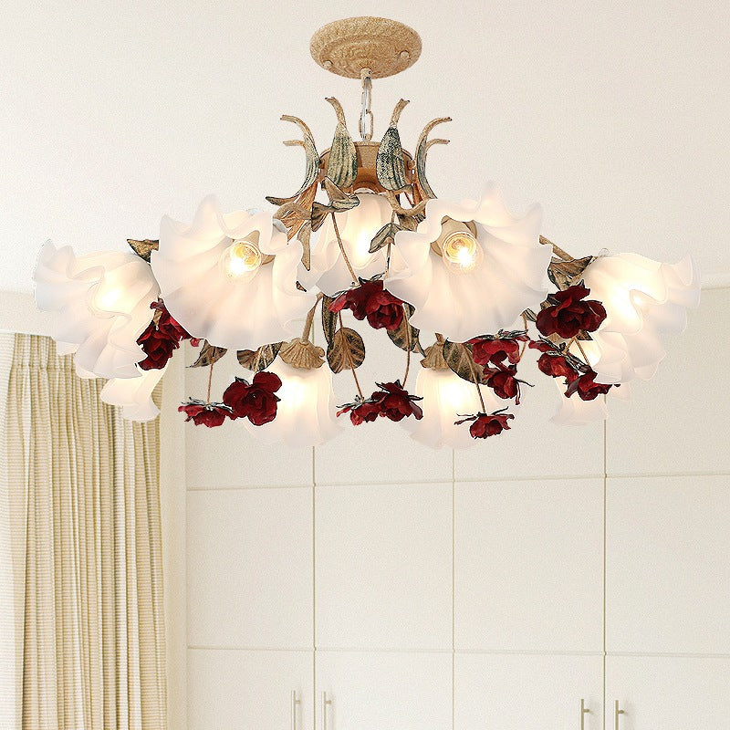 Traditional French Rose Flower Leaf Glass Iron 4/6/9 Light Chandelier For Living Room