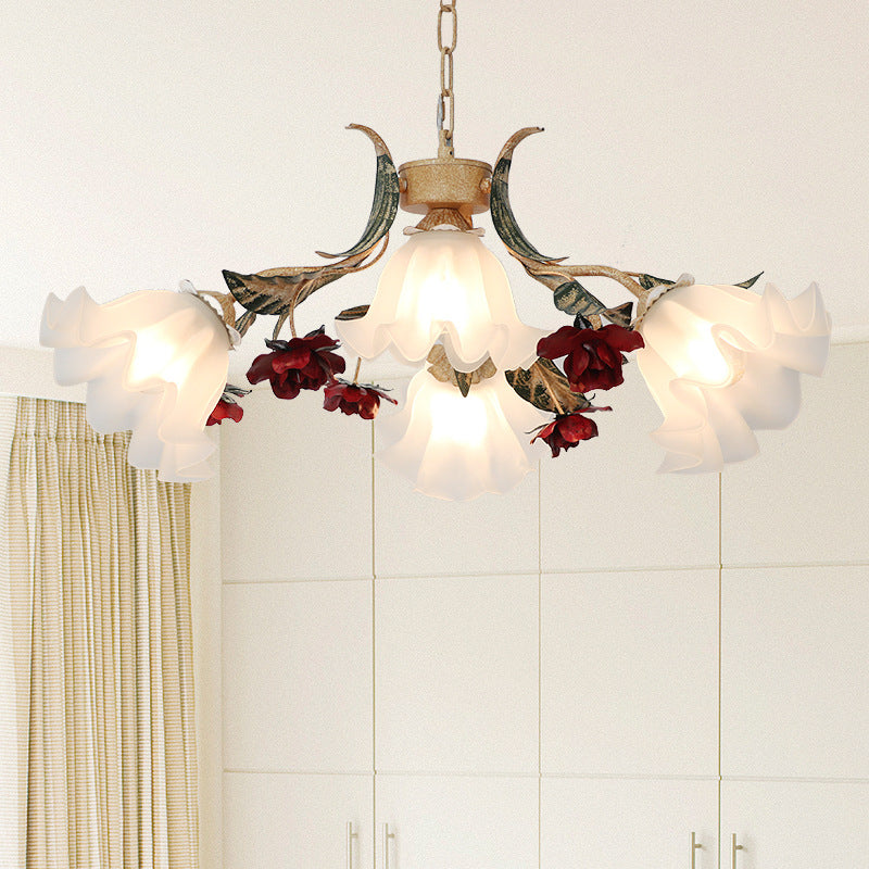 Traditional French Rose Flower Leaf Glass Iron 4/6/9 Light Chandelier For Living Room