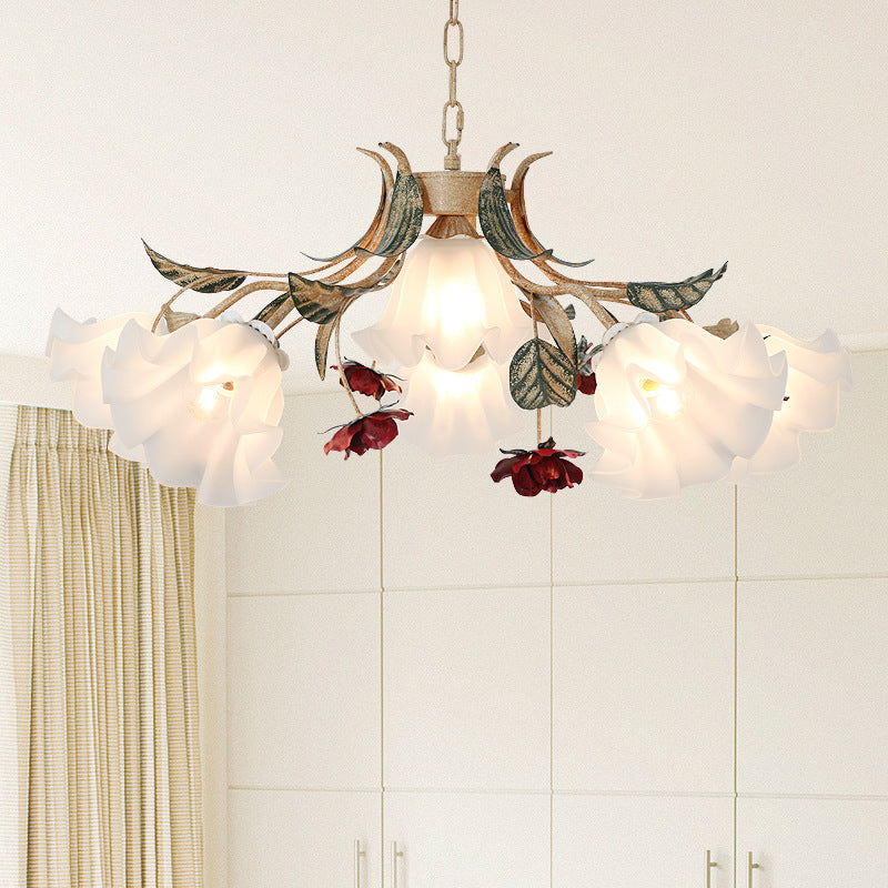 Traditional French Rose Flower Leaf Glass Iron 4/6/9 Light Chandelier For Living Room