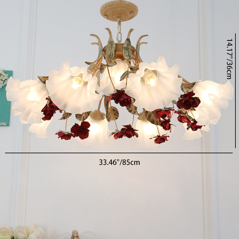 Traditional French Rose Flower Leaf Glass Iron 4/6/9 Light Chandelier For Living Room