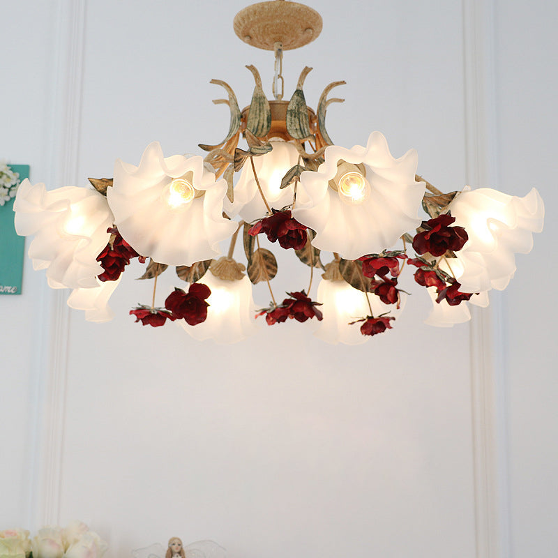Traditional French Rose Flower Leaf Glass Iron 4/6/9 Light Chandelier For Living Room