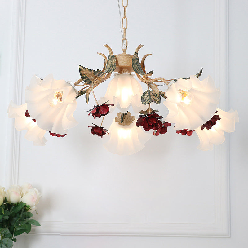 Traditional French Rose Flower Leaf Glass Iron 4/6/9 Light Chandelier For Living Room
