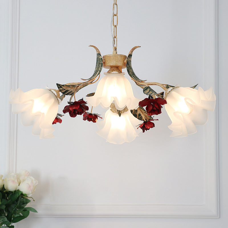 Traditional French Rose Flower Leaf Glass Iron 4/6/9 Light Chandelier For Living Room