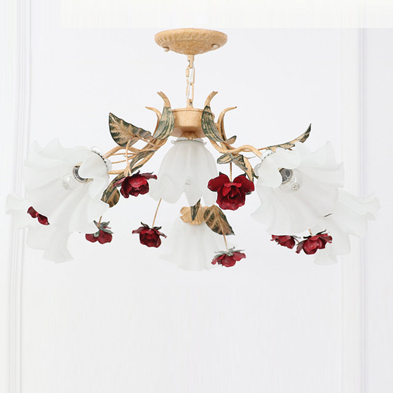 Traditional French Rose Flower Leaf Glass Iron 4/6/9 Light Chandelier For Living Room