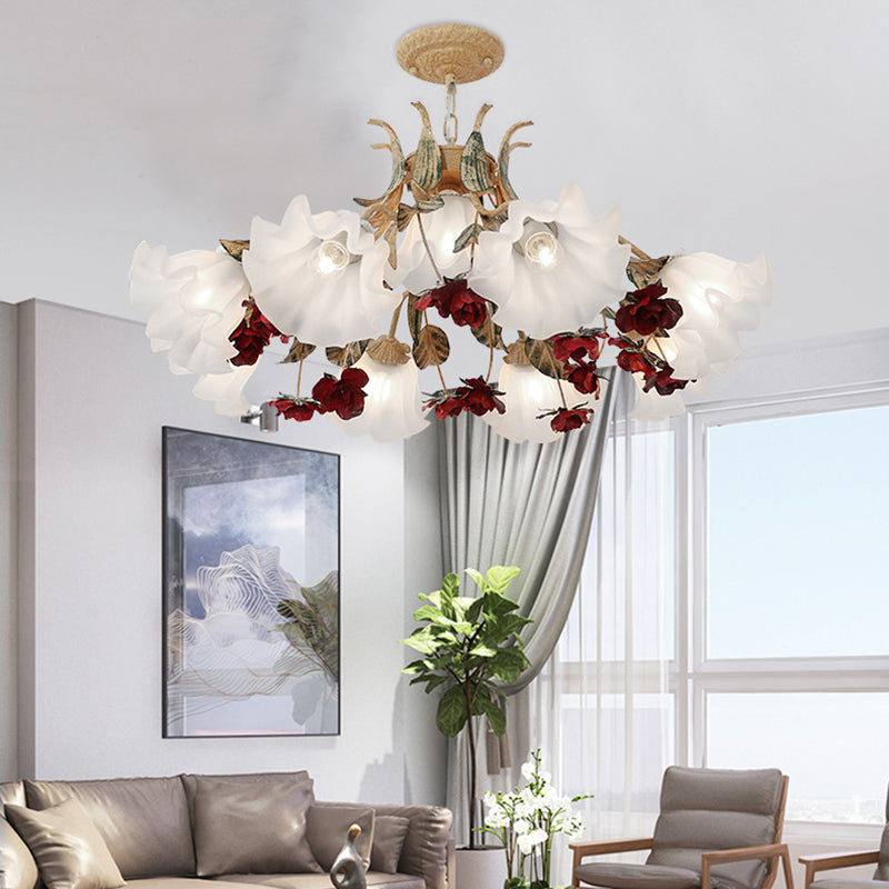 Traditional French Rose Flower Leaf Glass Iron 4/6/9 Light Chandelier For Living Room