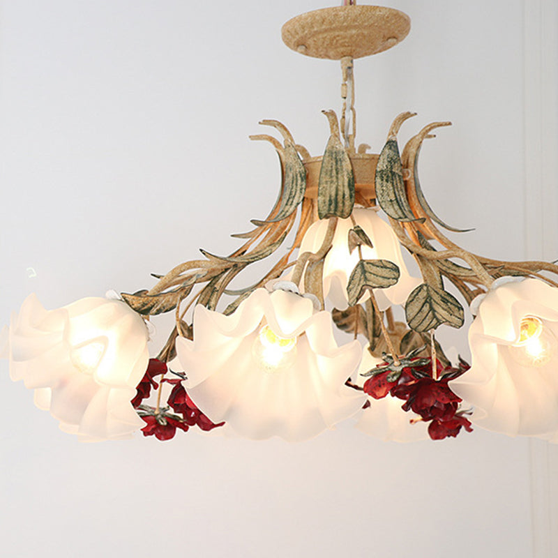 Traditional French Rose Flower Leaf Glass Iron 4/6/9 Light Chandelier For Living Room