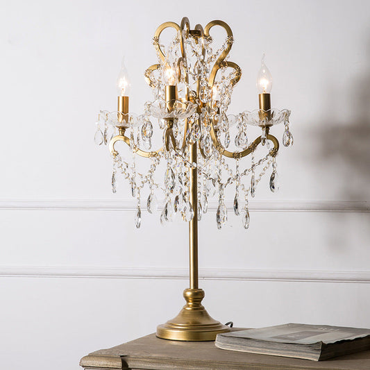 Traditional Vintage Iron Glass Crystal Pendant Candlestick 4-Light Table Lamp For Bedroom