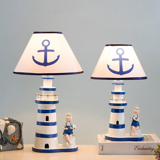 Contemporary Coastal Wood Fabric Kids Conic Lighthouse 1-Light Table Lamp For Bedroom