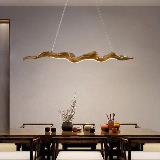 Traditional Japanese Fiberglass Silica Iron Wavey Drift Imitation Wood LED Chandeliers Island Light For Dining Room