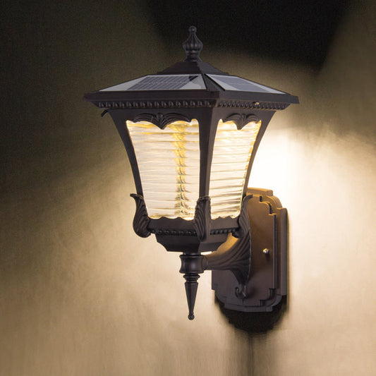 Contemporary Retro Solar Waterproof Aluminum Glass Quadrilateral Striped Lantern LED Wall Sconce Lamp For Outdoor Patio
