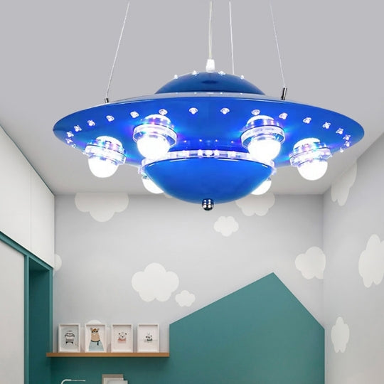 Contemporary Creative Kids Spaceship Iron Glass LED Chandelier For Bedroom