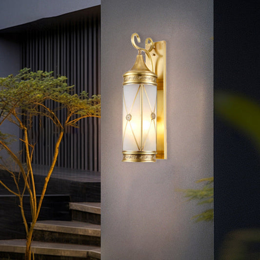 Contemporary Luxury Brass Frame Cylinder Water Pattern Glass Shade 3-Light Outdoor Wall Sconce Lamp For Garden