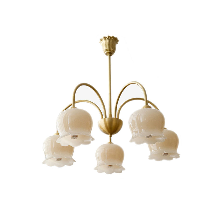 Traditional French Cream Floral Copper Glass 5/6/8 Light Chandelier For Living Room