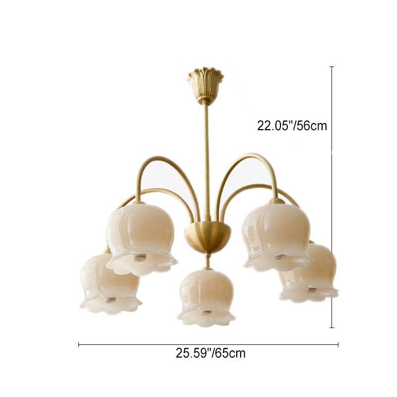 Traditional French Cream Floral Copper Glass 5/6/8 Light Chandelier For Living Room