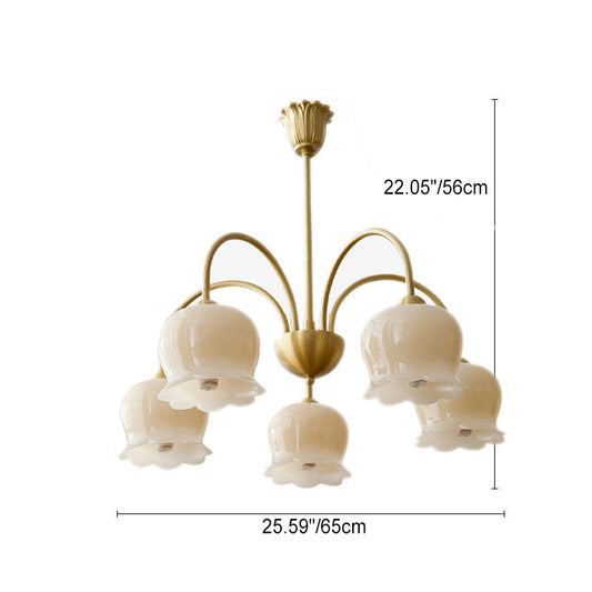 Traditional French Cream Floral Copper Glass 5/6/8 Light Chandelier For Living Room