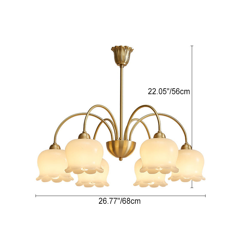 Traditional French Cream Floral Copper Glass 5/6/8 Light Chandelier For Living Room