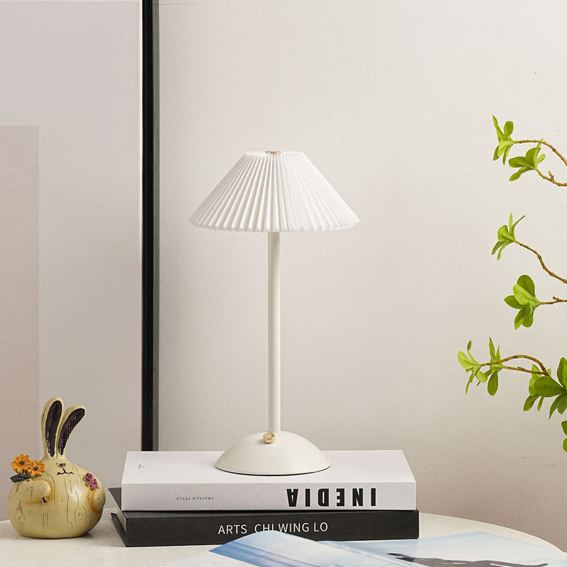 Contemporary Scandinavian Rechargeable Iron Fabric Conic Pleated 1-Light Table Lamp For Bedside